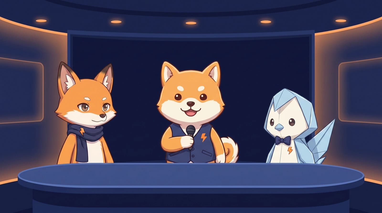 The three Sugu-Wakaru characters at a news desk — Sugu in the center, Kon on the left, Tsuru on the right